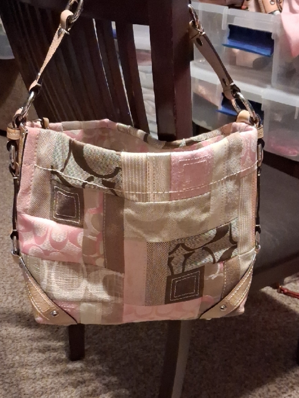 Coach "Carly" Hobo Patchwork Shoulder Bag in Pink and Beige - Picture 2 of 7